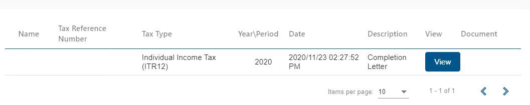 Screenshot  of ITR12 Completion Letter with View button