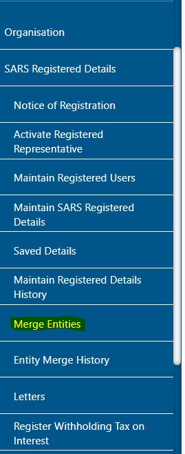 Screenshot of SARS Registered Details Menu with Merge Entities