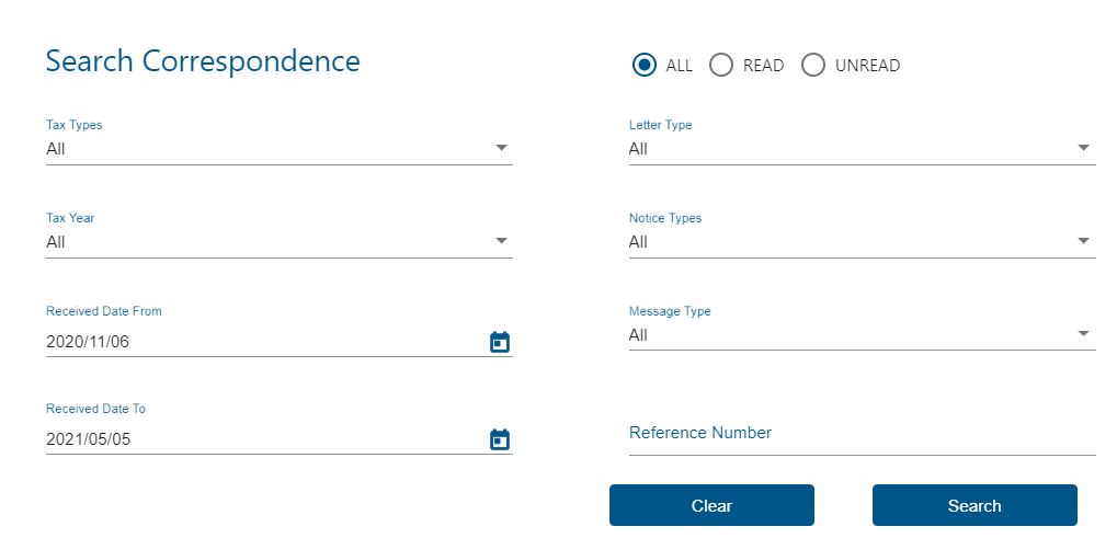 Screenshot of Search Correspondence screen