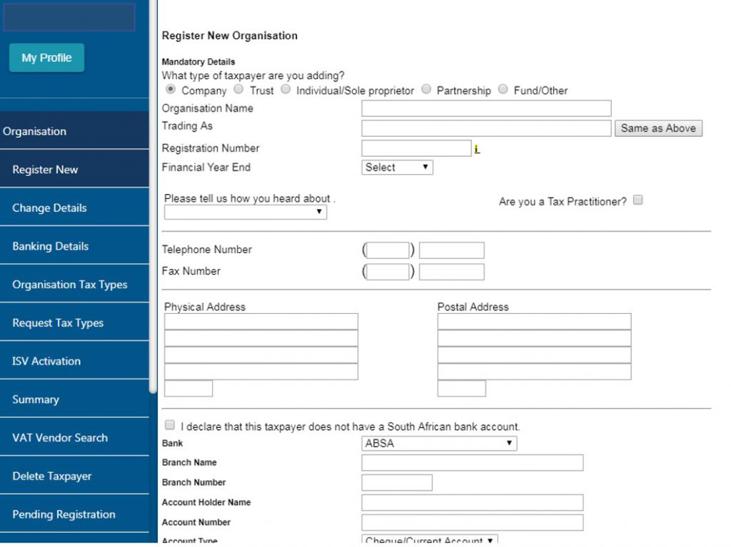 Screenshot of eFiling - Register New Organisation