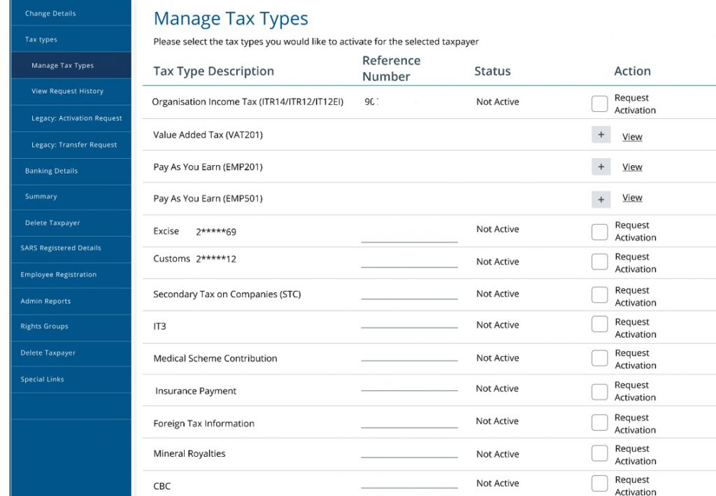 Screenshot of eFiling - Manage Tax Types Section