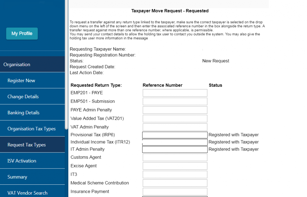 Screenshot of eFiling - Request Tax Types Section