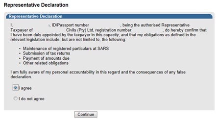 Screenshot of Representative Declaration dialog with Continue button