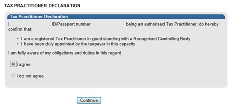 Screenshot fo Tax Practitioner Declaration Dialogue with Continue Button