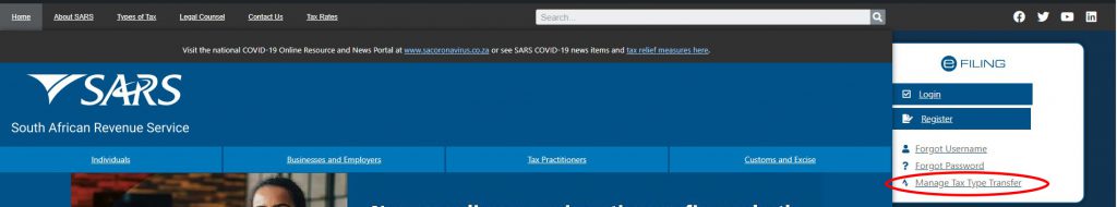 Screenshot of where to find Tax Type Transfer on the SARS home page